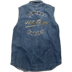 Harley Davidson Denim Embroidered Sleeveless Denim Button Up. Medium